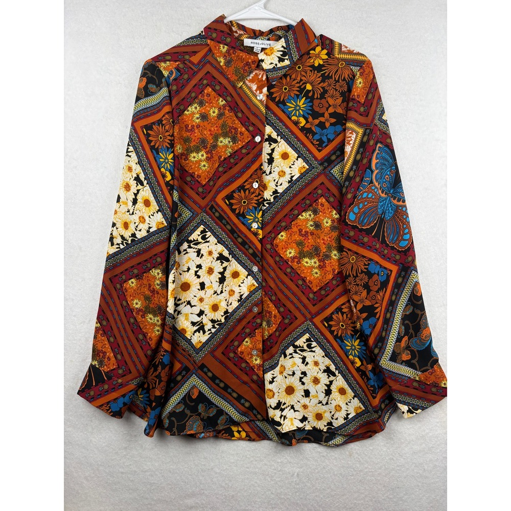 Rose and Olive Button Down Shirt Womens L Patchwork Butterfly Floral Boho